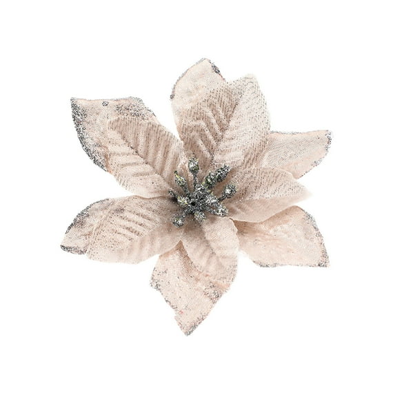 Christmas Poinsettia Flowers, KUMHONW 1 Pcs Artificial Flowers Glitter Poinsettia Christmas Tree Ornaments for Christmas Decorations, champagne