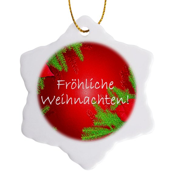 3drose, Christmas Poinsettia Frohliche Weihnachten in Red I, 3 inch Snowflake Porcelain Ornament