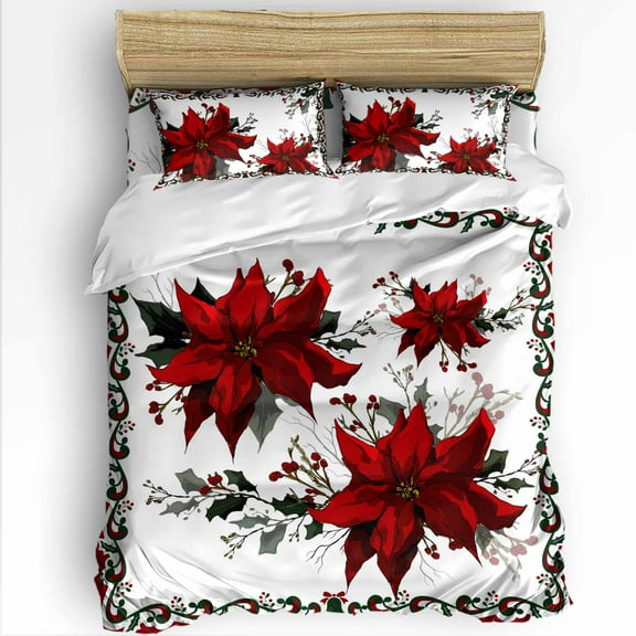 Christmas Poinsettia Full Size Comforter Set, Winter Red Floral Pine Leaf Retro Farm Soft Bedding for All Seasons, 4 Pcs Bed Set with 1Comforter (86"x86") ,1 Sheet(80"x116"), 2 Pillowcases (19"x29")