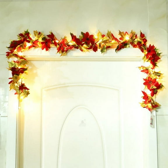 Christmas Poinsettia Garland,5.9 FT Lighted Artificial Garlands with 36 Red Flowers and Holly Leaves,Battery Operated with Poinsettia String Lights,Light up for Xmas New Year Decor