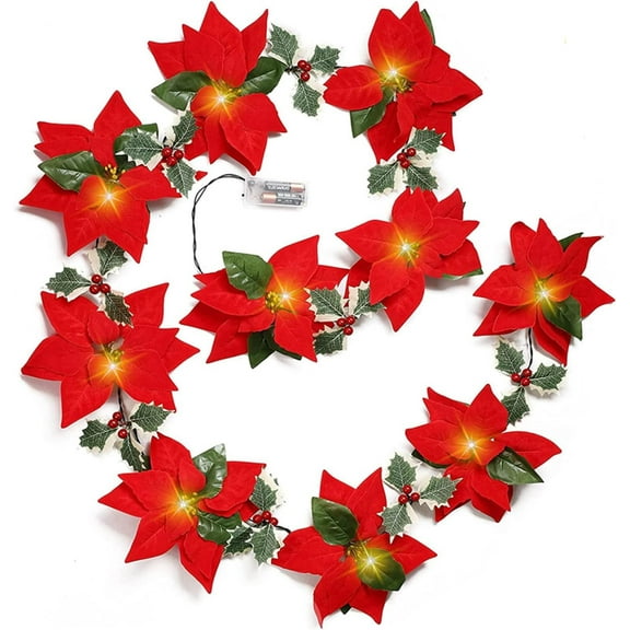 Christmas Poinsettia Garland,6.5 FT Artificial Pre-Lit Lighted Christmas Garland with 10 Lights, Red Flowers, Berries, 2AA Battery Operated, Poinsettia String Lights for Holiday Christmas Home Decor