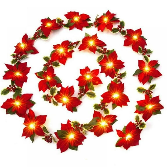 Christmas Poinsettia Garland with Lights, Artificial Poinsettia Christmas Garland String Lights Decorations, Poinsettias Garland Lights for Xmas Tree Party Door Fireplace Mantle Decor