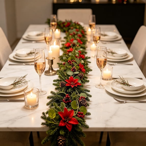 Christmas Poinsettia Garland Red Berry Artificial Pine Garland Holiday Winter Table Runner for Stair Fireplace Centerpiece Background Decoration