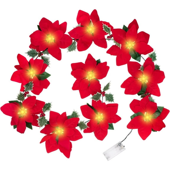 Christmas Poinsettia Garland String Light Artificial Poinsettia String Light 10Led Velvet Flower String Light Christmas Tree Garland Decor,6.56FT