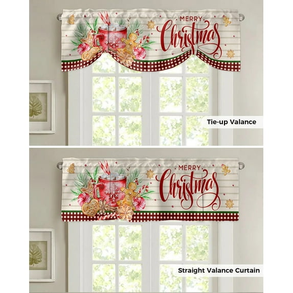 Christmas Poinsettia Gingerbread Man Window Curtain for Living Room Christmas Kitchen Cabinet Tie-up Valance Curtain Rod Pocket