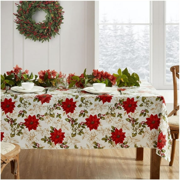 Christmas Poinsettia Grace Water- and Stain-Resistant Vinyl Tablecloth with Flannel Backing, Rectangle