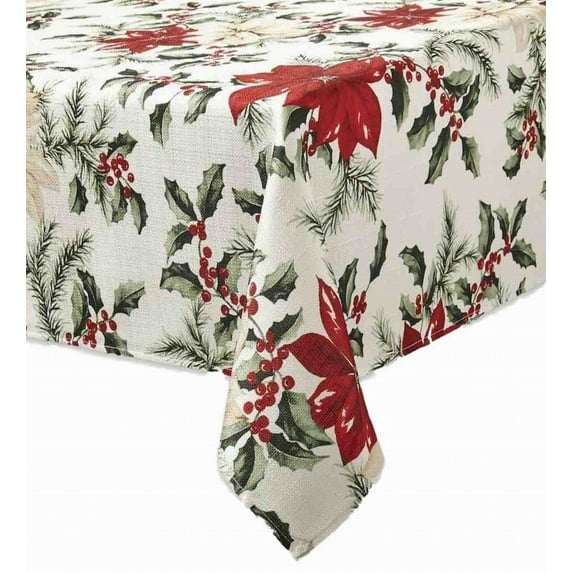Christmas Poinsettia Holly & Pine Tablecloth, Woven Fabric Table Cloth 70 Round