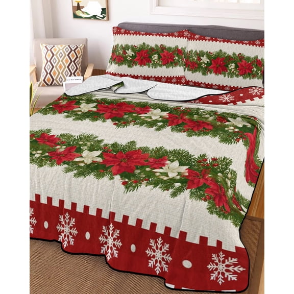 Christmas Poinsettia King Size Down Alternative Comforter, Lightweight Comforter Quilt Bedding Set with Pillow Shams Red Green Botanical Xmas Snowflake All Seasons Bed Comforter Duvet Insert 96"x106"