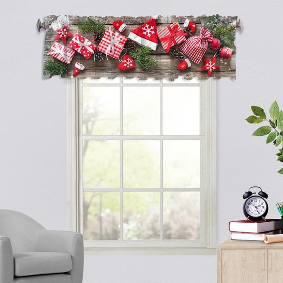 Christmas Poinsettia Kitchen Curtain Valances Red and Green Small Window Valances with Rod Pocket Merry Xmas Bedroom Bathroom Laundry Short Curtains Decoration, 54x18 Inch