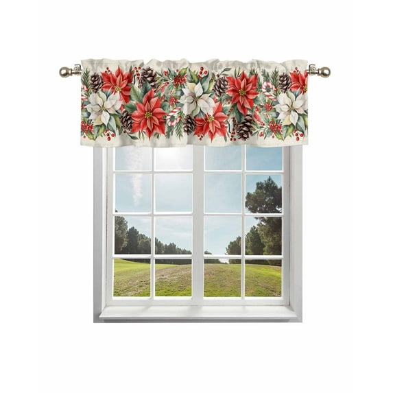 Christmas Poinsettia Kitchen Curtain Valances for Windows Farmhouse Short Curtains, Xmas Floral Pine Cones Winter Rod Pocket Valance Curtain for Bedroom Cafe Living Room 54"x18"