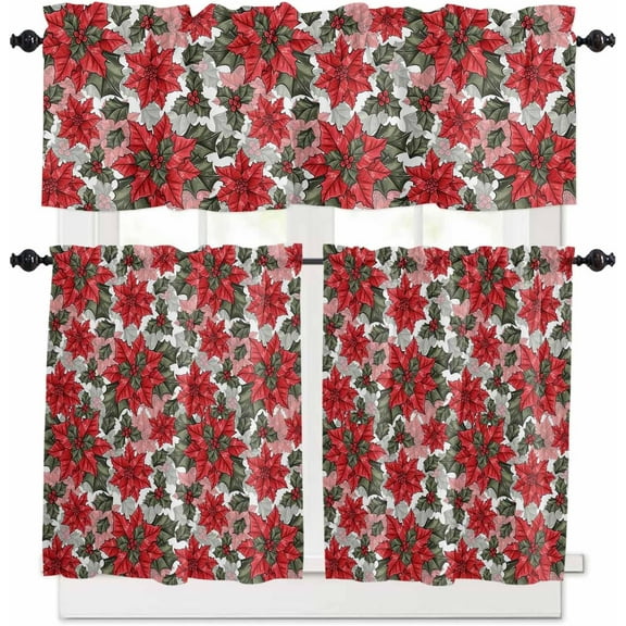 Christmas Poinsettia Kitchen Curtains and Valances Set, Rod Pocket Curtains Tier Farmhouse Window Curtains 36 Inch Length, Red Flowers Leaves Botanical Rustic 3 Piece Kitchen Curtains Set
