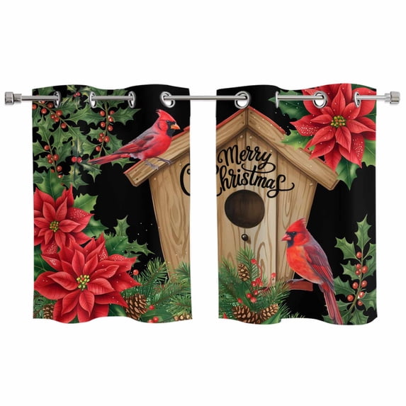 Christmas Poinsettia Kitchen Curtains Window Panels, Winter Cardinal Bird Pine Cone Needle Insulated Window Treatment Curtain, Grommet Curtains for Bedroom/Living Room/Bathroom, 2 Piece 27.5"Wx39"L