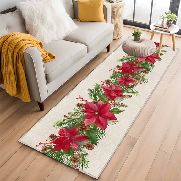 Christmas Poinsettia Kitchen Runner Rug 2x6 Washable Runners for Hallway Non Slip Green Xmas Botanical Pine Cones Large Area Rug Indoor Floor Carpet for Bathroom Laundry Entryway Bedroom Living Room