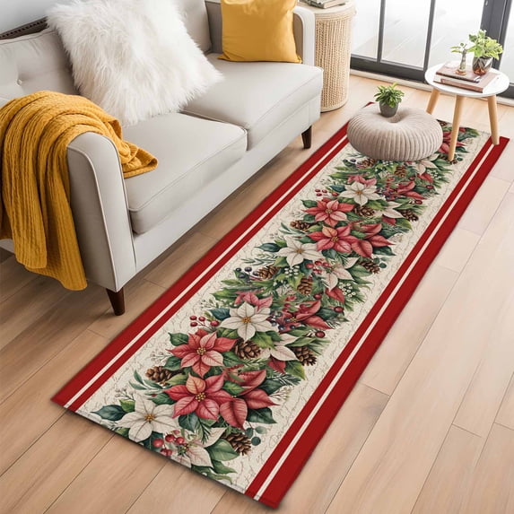 Christmas Poinsettia Kitchen Runner Rug 2x6 Washable Runners for Hallway Non Slip Winter Xmas Berry Leaf on Linen Large Area Rug Indoor Floor Carpet for Bathroom Laundry Entryway Bedroom Living Room