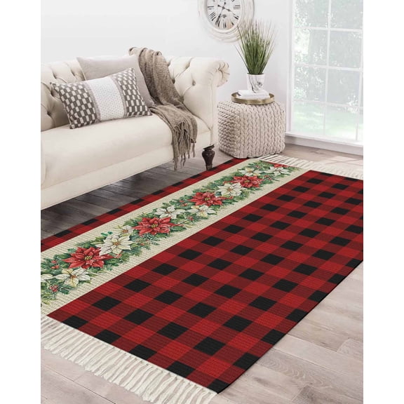 Christmas Poinsettia Large Area Rug 4x6ft Woven Runner Rug,Red Plaid Xmas Botanical Washable Living Room Bedroom Kitchen Bathroom Classroom Carpet with Tassels,Indoor Outdoor Throw Door Mat