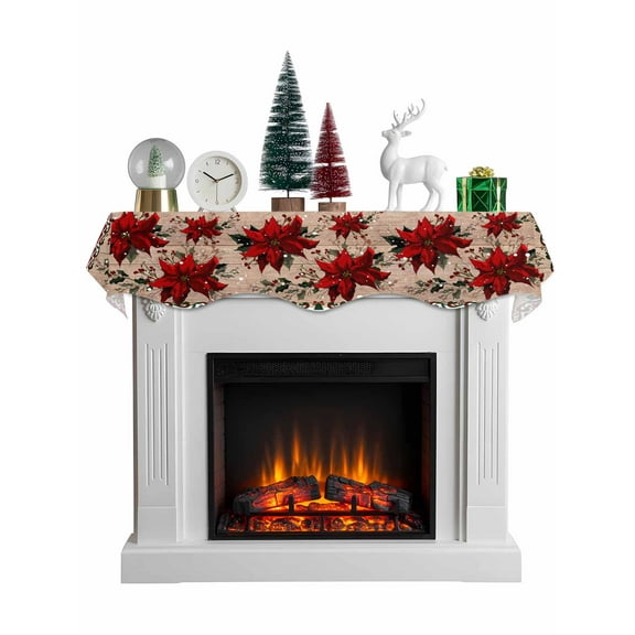 Christmas Poinsettia Mantel Scarf Fireplace Decorations for Living Room, Winter Xmas Red Floral Botanical Wooden Fireplace Mantel Scarf Cover Runner for Thanksgiving/Christmas Decor 70"x17"