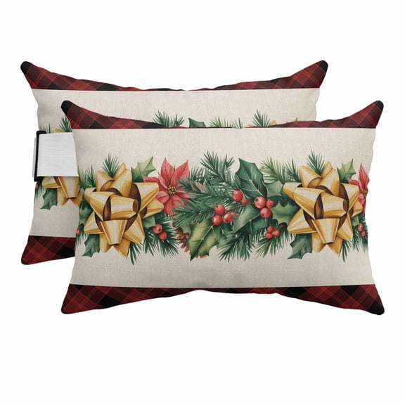 Christmas Poinsettia Outdoor Pillows for Chaise Lounge Chair Beach Headrest Pillow Set of 2 Waterproof Lumbar Pillows with Insert&Strap Winter Berry Leaf Red Black Plaid Pillow for Patio Pool 12"x20"