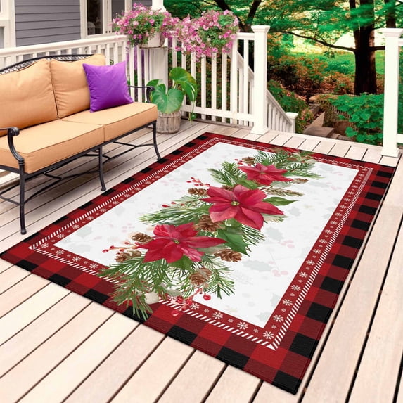 Christmas Poinsettia Outdoor Rug 6x9 Ft, Non Slip Washable Area Rug, Xmas Botanical Pine Cones Red Plaid Patio Rugs Carpet Runner, Large Floor Mat for Indoor/Outdoor Deck Porch Camping