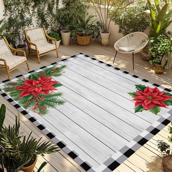 Christmas Poinsettia Outdoor Rug for Patio/Deck/Porch, Non-Slip Large Area Rug 3 x 5 Ft, Winter Xmas Pine Needle Cone Wooden Indoor Outdoor Rugs Washable Area Rugs, Camping Rug Carpet Runner