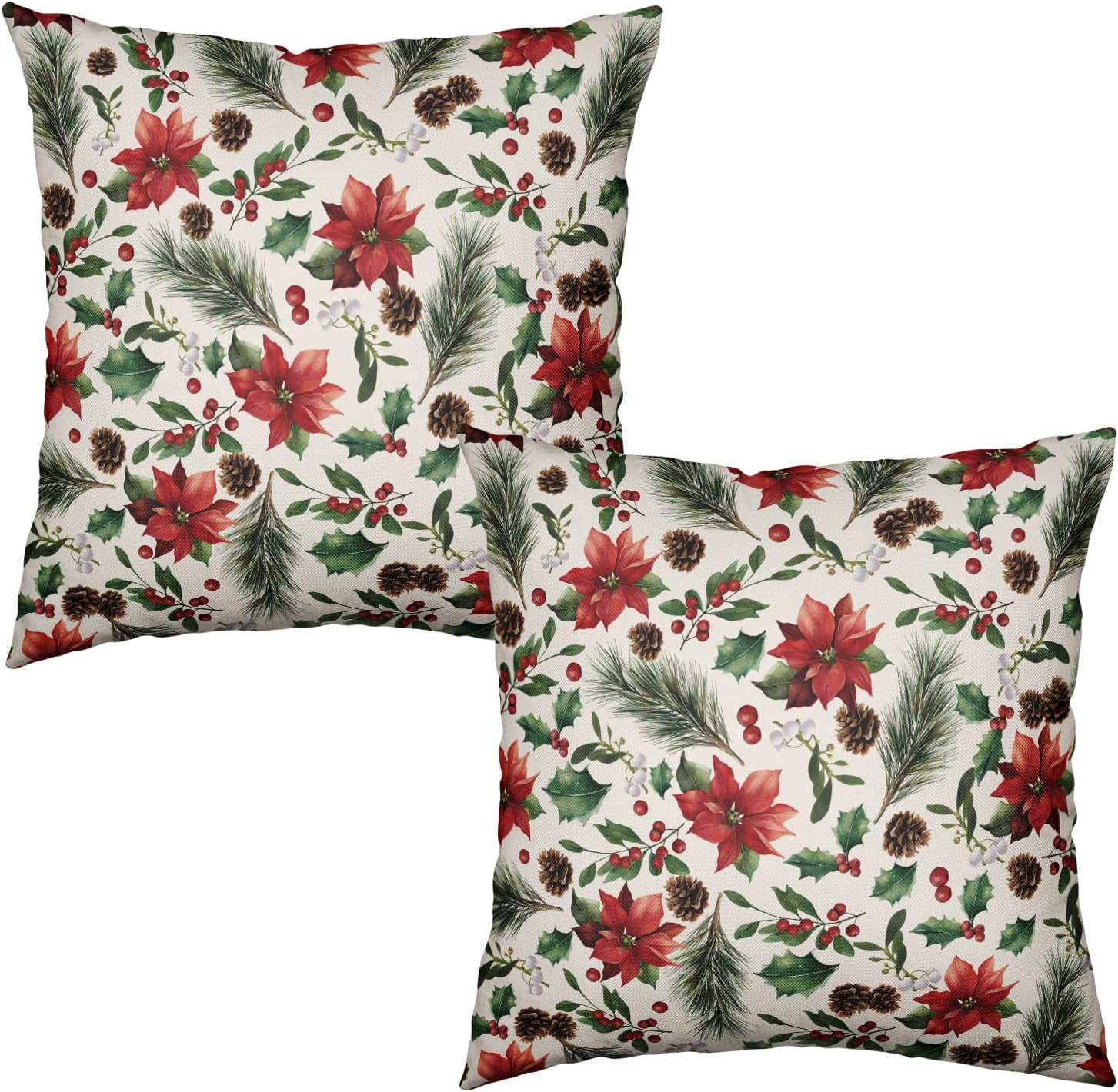 Christmas Poinsettia Pillow Covers 20x20 Inch Set of 2 Holly Berry Pine ...