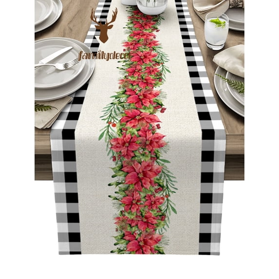 Christmas Poinsettia Pine Branch Burlap Table Runner Feastival Limited Banquet Holiday Party Tablecloth Printed Table Runners