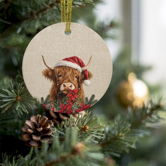 Christmas Poinsettia Pine Cone Christmas Ceramic Ornament 2026,3" Round Xmas Tree Hanging Accessories with Ribbon,Winter Snowflake Retro Linen Pendant Ornaments for Holiday Gift Home Party Decor