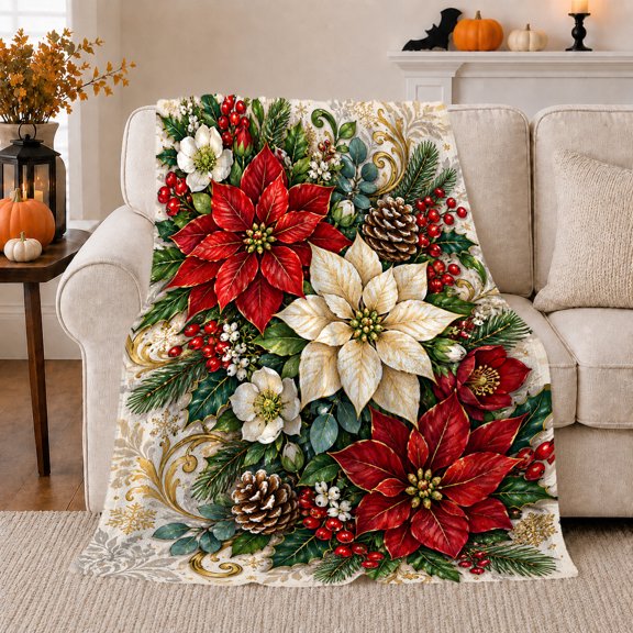 Christmas Poinsettia Pine Cone Winter Floral, Festive Holiday Scene, Warm Flannel Blanket for Living Room and Reading Nook, Art Lovers Christmas Gift, Festive Home Decor