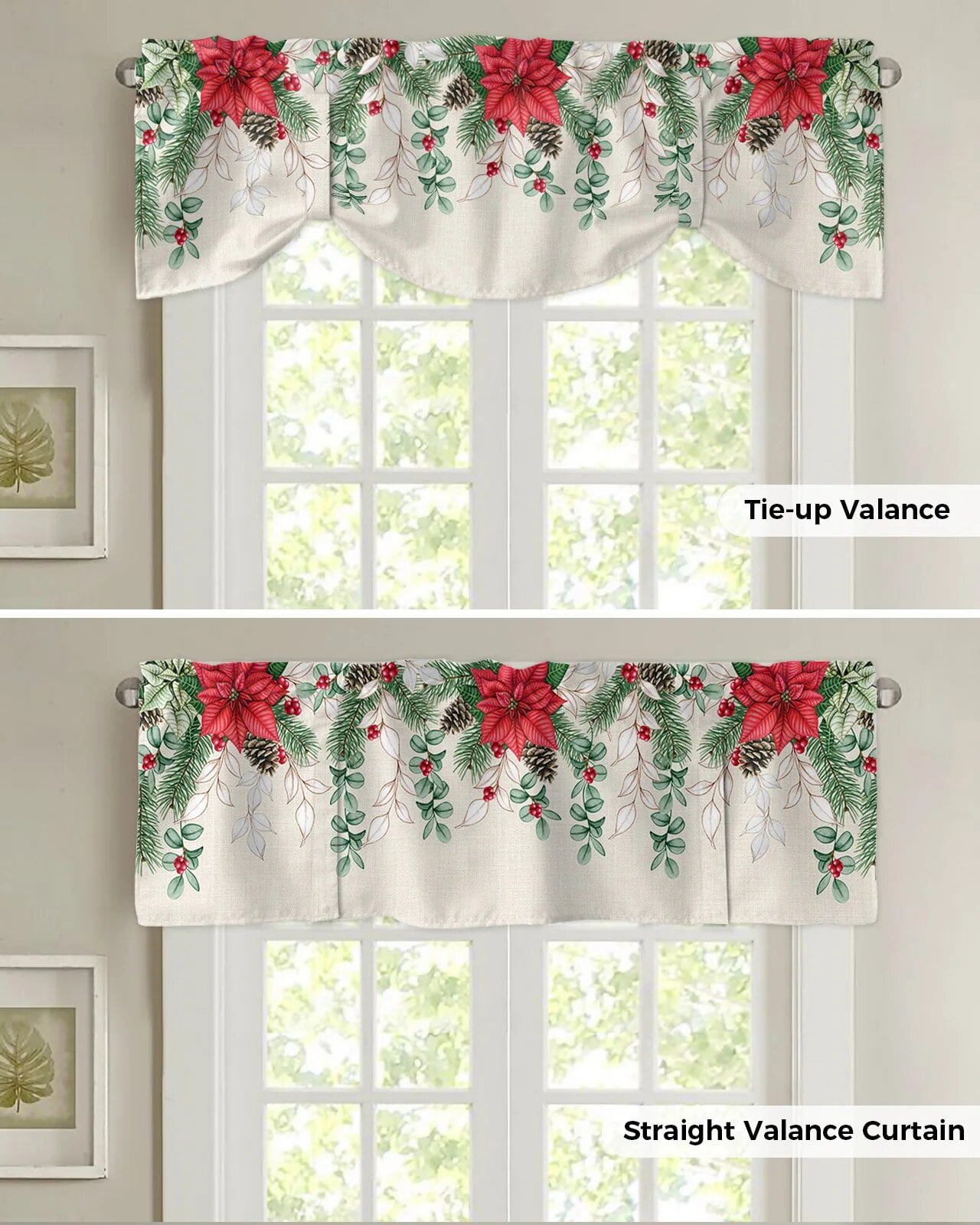 Christmas Poinsettia Pine Needles Window Curtain Living Room Kitchen ...