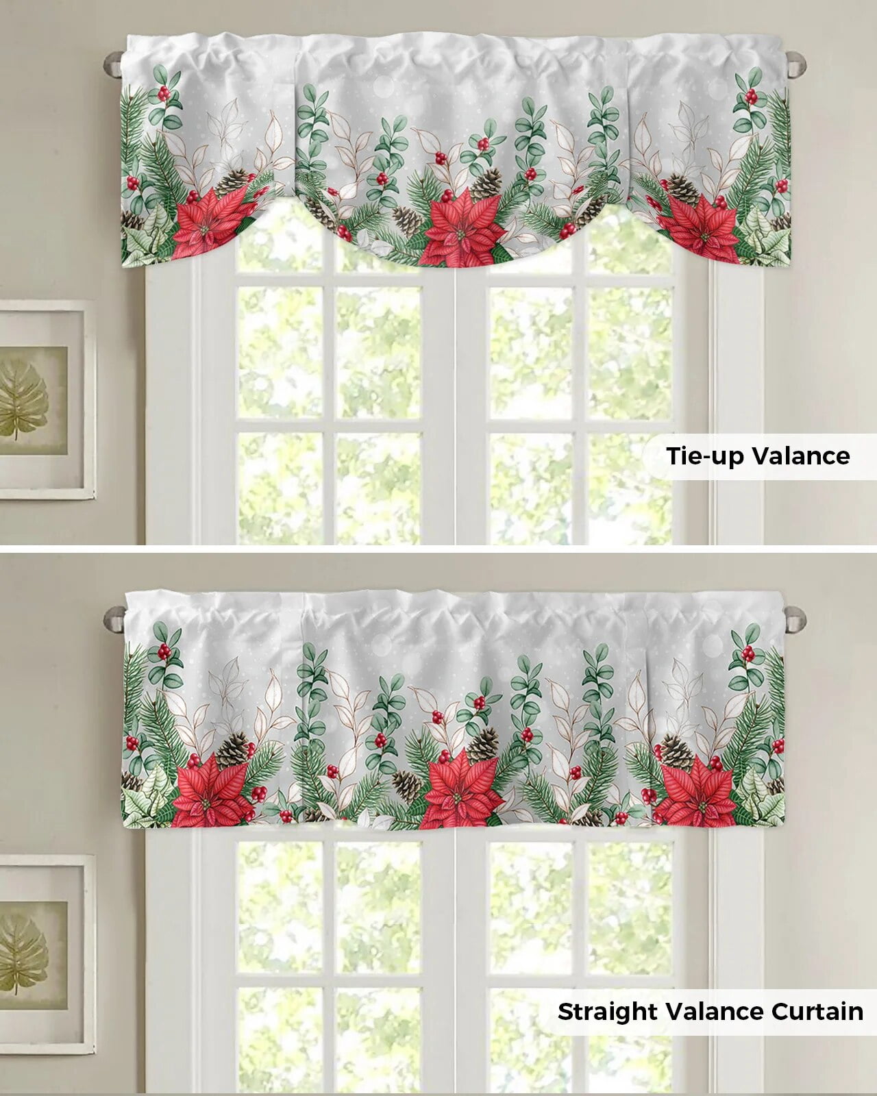 Christmas Poinsettia Pine Needles Window Curtain Living Room Kitchen ...