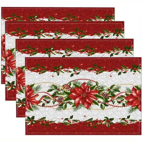 Christmas Poinsettia Placemats Set of 4, Seasonal Winter Christmas Red Table Mats for Kitchen Dining Table Holiday Farmhouse Xmas Home Party Decoration 12 x 18 Inch