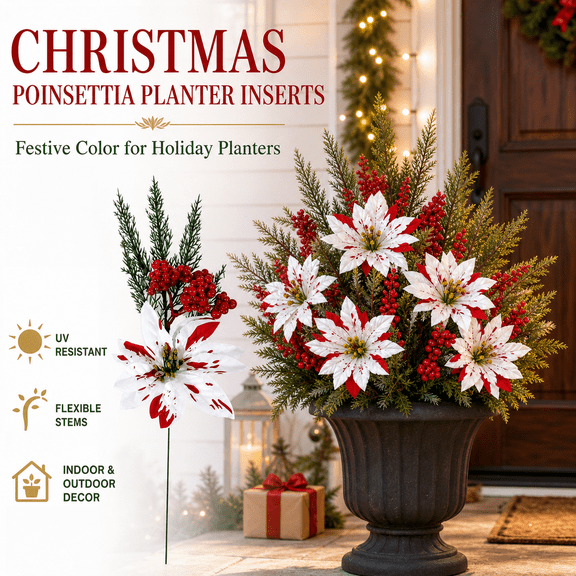 Christmas Poinsettia Planter Inserts Artificial Poinsettia Flowers Faux Holiday Floral Picks UV Resistant Christmas Flowers for Planters