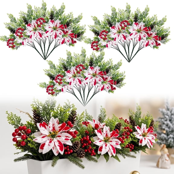 Christmas Poinsettia Planter Inserts, Artificial Red Poinsettia Flowers for Holiday Porch & Home Decor