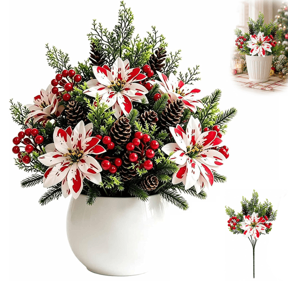 Christmas Poinsettia Planter Inserts,UV-Resistant Artificial Red Flowers with Green Foliage for Indoor Holiday Decor & Porch Display
