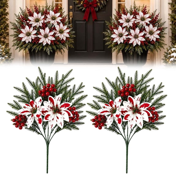 Christmas Poinsettia Planter Inserts, Uv Resistant Faux Poinsettia Flowers Artificial, No-Watering Decor Christmas Flowers for Porch Tabletop Holiday