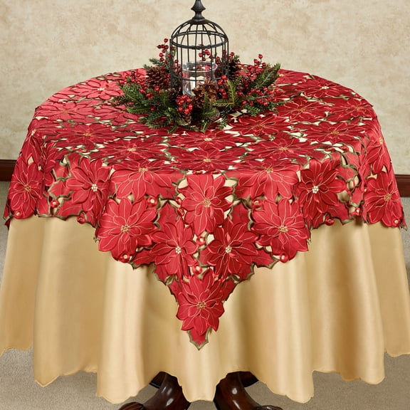 Christmas Poinsettia Red Square Table Topper with Handcrafted Cutwork Embroidered Flowers
