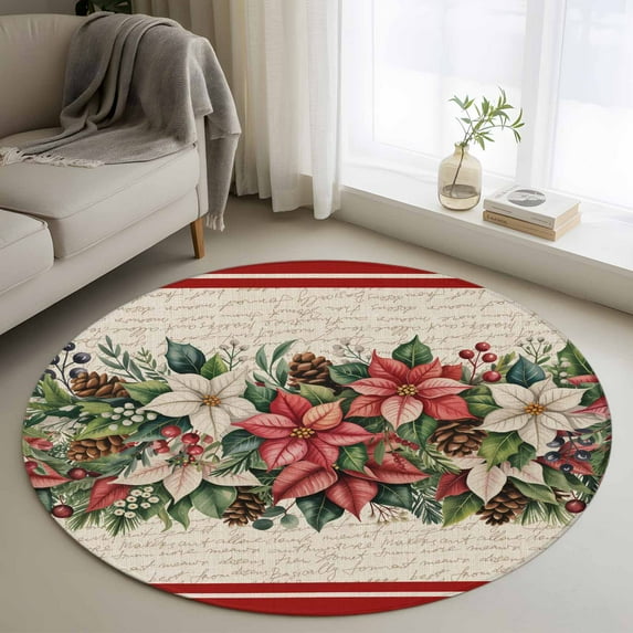 Christmas Poinsettia Round Rug 3ft Washable Circle Entryway Rugs Non Slip Winter Xmas Berry Leaf on Linen Area Rug Indoor Floor Carpet for Bedroom Kitchen Living Room Home Office Dining Room Nursery