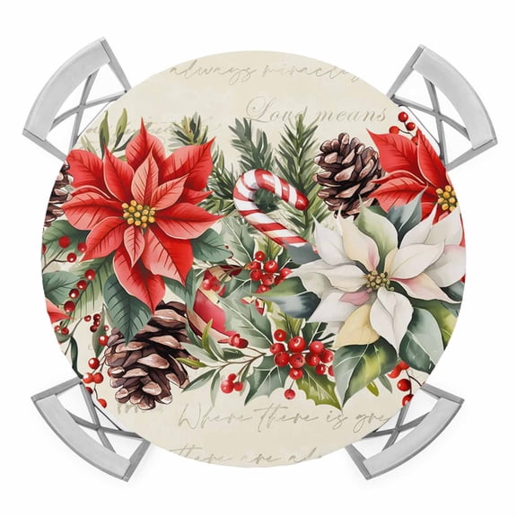 Christmas Poinsettia Round Tablecloth for 36-44 Inch Tables,Fitted Table Cover with Elastic Edge,Xmas Floral Pine Cones Winter Waterproof Outdoor Table Cloth Protector for Patio Garden Dinner Picnic