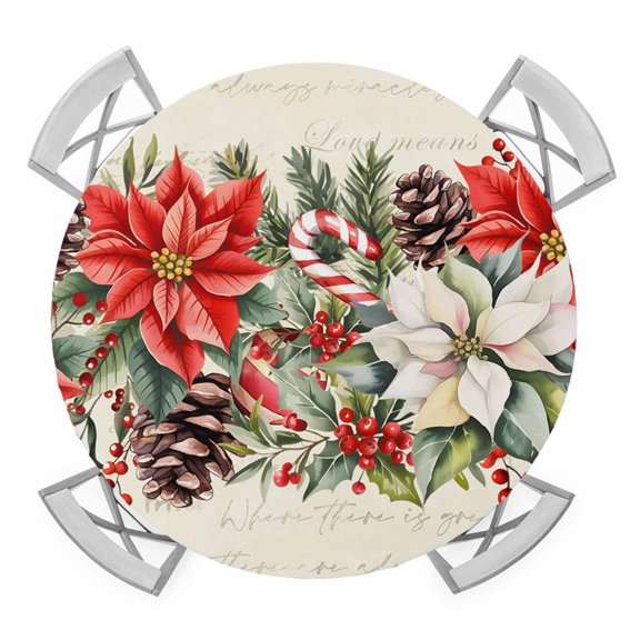 Christmas Poinsettia Round Tablecloth for 45-54 Inch Tables,Fitted Table Cover with Elastic Edge,Xmas Floral Pine Cones Winter Waterproof Outdoor Table Cloth Protector for Patio Garden Dinner Picnic