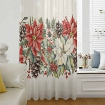 Christmas Poinsettia Semi Sheer Curtains Drapes for Living Room,Bedroom,French Doors Window 45 Inches Long,Xmas Botanical Floral Snowflakes Rod Pocket Chiffon Curtain Drapery Voile Draperies Panel