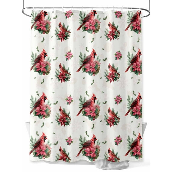Christmas Poinsettia Shower Curtain Set, Waterproof Shower Curtains for Bathroom, Red Birds Botanical Xmas Washable Fabric Cloth Bath Curtain for Bathtub Decoration with Hooks 48x72 Inches