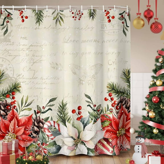 Christmas Poinsettia Shower Curtain, Xmas Floral Snowflake Winter Holiday Waterproof Fabric Shower Curtains with 12 Hooks, Bathroom Curtain Set for Bathroom Accessories Decor, 36 x 72 Inches