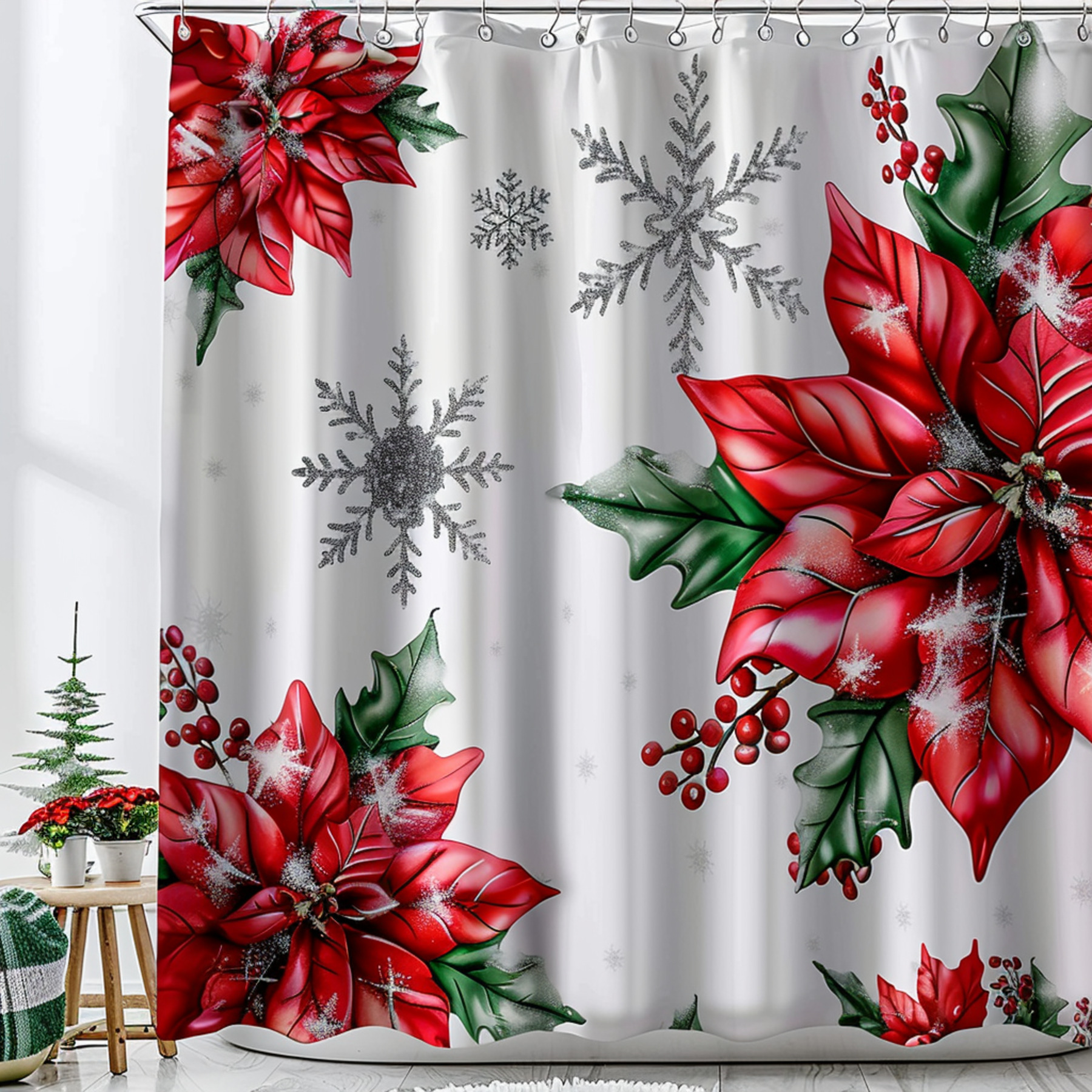 Christmas Poinsettia Shower Curtain with Red and Green Snowflakes
