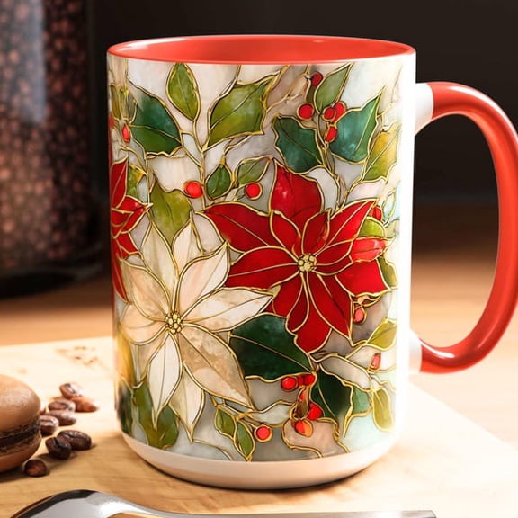 Christmas Poinsettia Stained Glass Coffee Mug 15oz Ceramic Holiday Tea Cup Festive Floral Design with Red Handle Seasonal Winter Kitchenware and Gift for Coffee Lovers