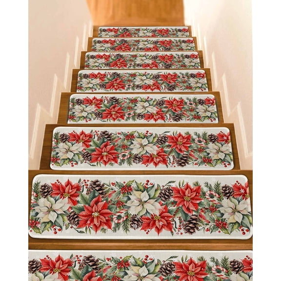 Christmas Poinsettia Stair Treads for Wooden Steps Indoor Runner Rug Carpet, Xmas Botanical Floral Snowflakes 15 Pieces Peel and Stick Staircase Step Treads Covers Washable Throw Door Mats, 30"x8"