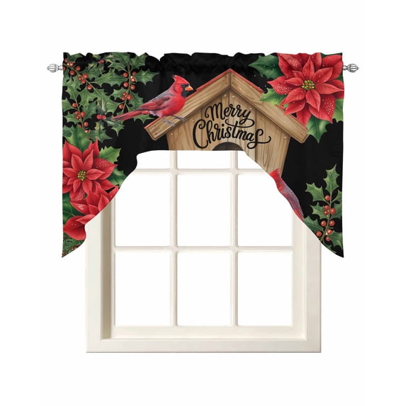 Christmas Poinsettia Swag Valances for Windows, Small Curtains Drapes, Winter Cardinal Bird Pine Cone Needle Kitchen Window Curtains Over Sink Window Treatment Valance for Bedroom/Bathroom 56"x36"