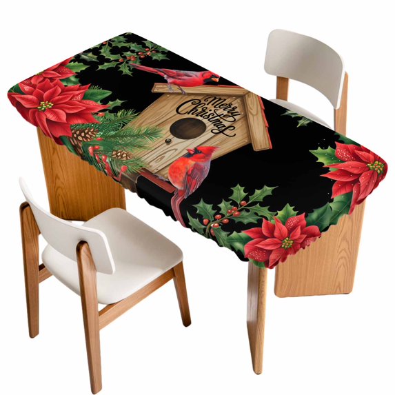 Christmas Poinsettia Table Cloths for 3 Foot Rectangle Tables, Winter Cardinal Bird Pine Cone Needle Patio Waterproof Elastic Fitted Tablecloths, Washable Rectangular Table Cover for Camping