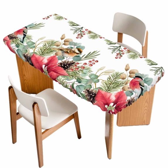 Christmas Poinsettia Table Cloths for 4 Foot Rectangle Tables, Xmas Cardinal Pine Cone Branches Patio Waterproof Elastic Fitted Tablecloths, Washable Rectangular Table Cover for Camping