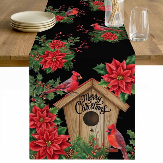 Christmas Poinsettia Table Runner 120 Inches Long Farmhouse Dress Scarves, Winter Cardinal Bird Pine Cone Needle Dining Tablerunner for Coffee Table/Kitchen Island/Party Décor, 13" x 120"