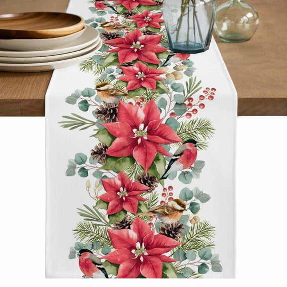 Christmas Poinsettia Table Runner 48 Inches, Xmas Cardinal Pine Cone Branches Bed Runner Dresser Scarves Tabletop for Indoor Outdoor Parties/Ceremony/Banquet, 13" x 48"