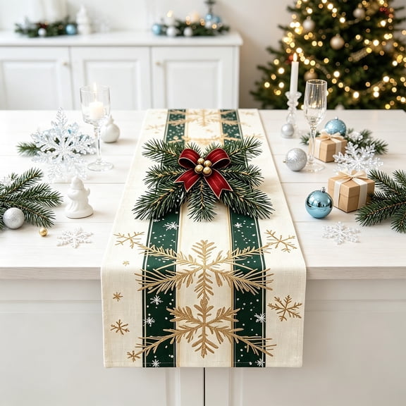Christmas Poinsettia Table Runner Linen Tablerunner - Merry Xmas Table Decor with Holly Leaf Bell Ball Perfect for Rustic Winter Holiday Kitchen Dining, Party